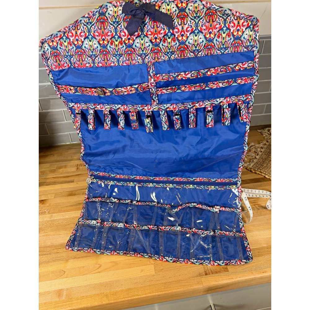 Hanging Roll-Up Jewelry Organizer, Zipper Pockets, Blue Multicolor Floral